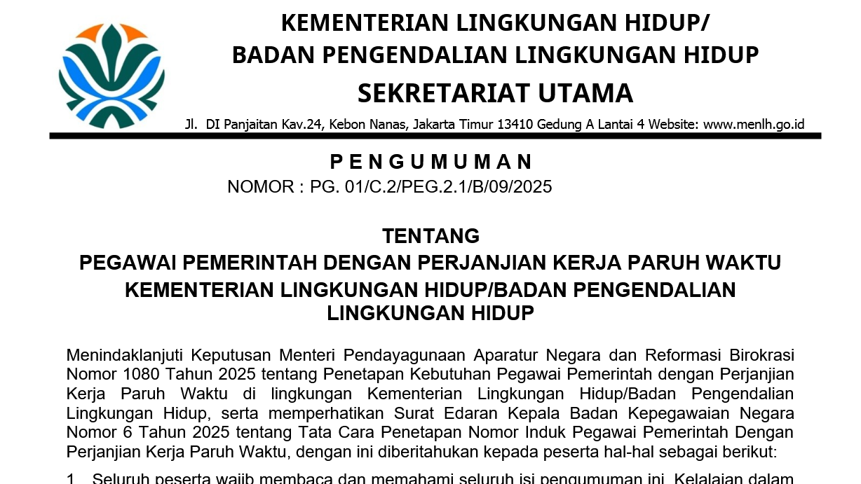 PEGAWAI PEMERINTAH DENGAN PERJANJIAN KERJA PARUH WAKTU  KEMENTERIAN LINGKUNGAN HIDUP / BADAN PENGENDALIAN LINGKUNGAN HIDUP